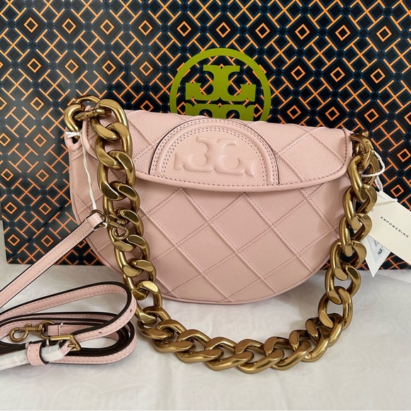 Tory Burch Handbags - Tory Burch Fleming Soft Grain Mini Crescent Bag Crossbody Bag Shoulder Bag Blush